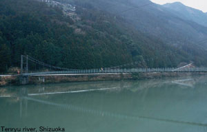 A suspention bridge crossing the river Tenryu by bike