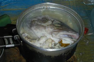 Cooking fish soup in Hokkaido
